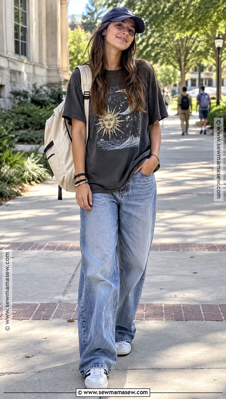 Oversized Graphic Tee And Baggy Jeans Outfit - 15 back to school outfit aesthetic ideas