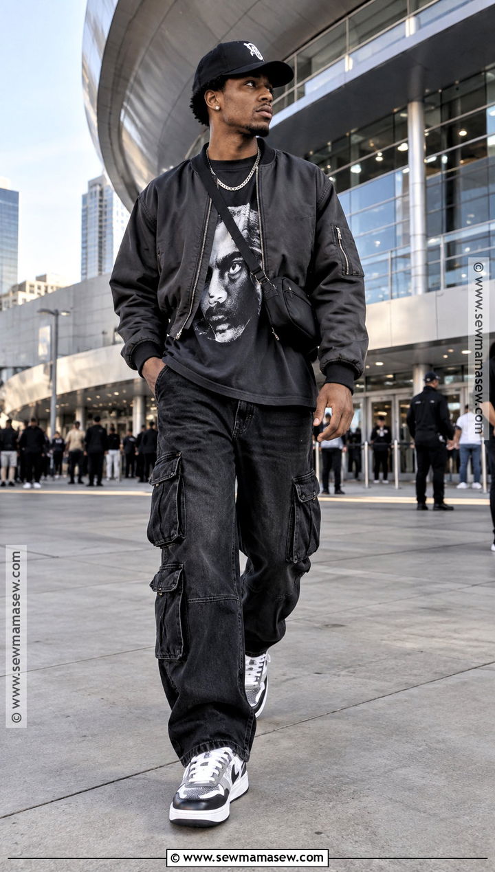 Oversized Graphic Tee Cargo Jeans and Bomber Concert Outfit - 15 concert outfit men fall ideas