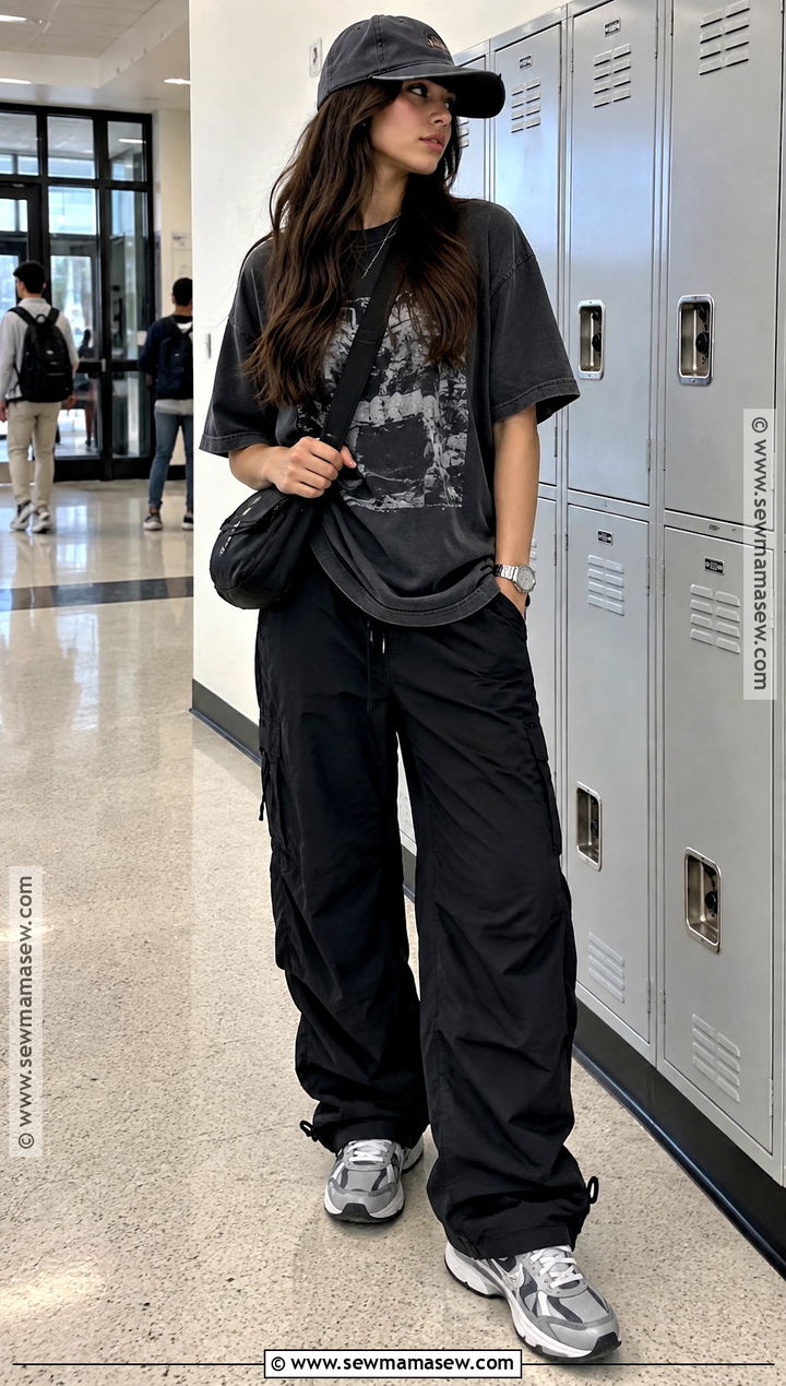 Oversized Graphic Tee and Parachute Pants Fall School Outfit - 20 fall baddie outfits for school