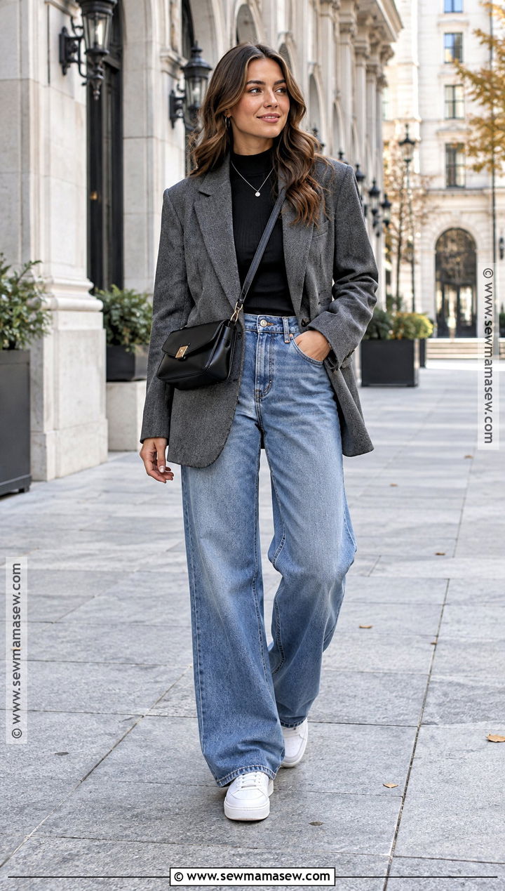 Oversized Gray Blazer With Wide Leg Jeans - 20 blazer fall outfits