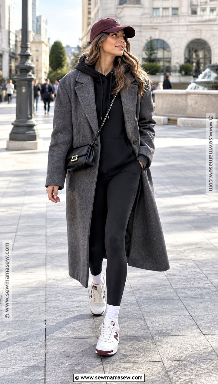 Oversized Gray Coat With Hoodie And Leggings - 25 fall coat ideas