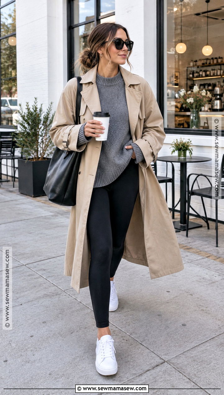 Oversized Gray Sweater With Leggings And Trench Coat - 15 cozy gray sweater fall fashion ideas