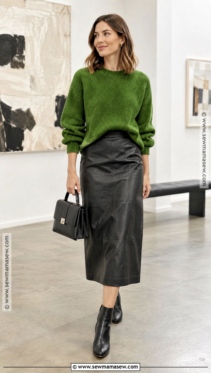 Oversized Green Sweater With Black Leather Midi Skirt - 15 Fall Green Knitwear Ideas
