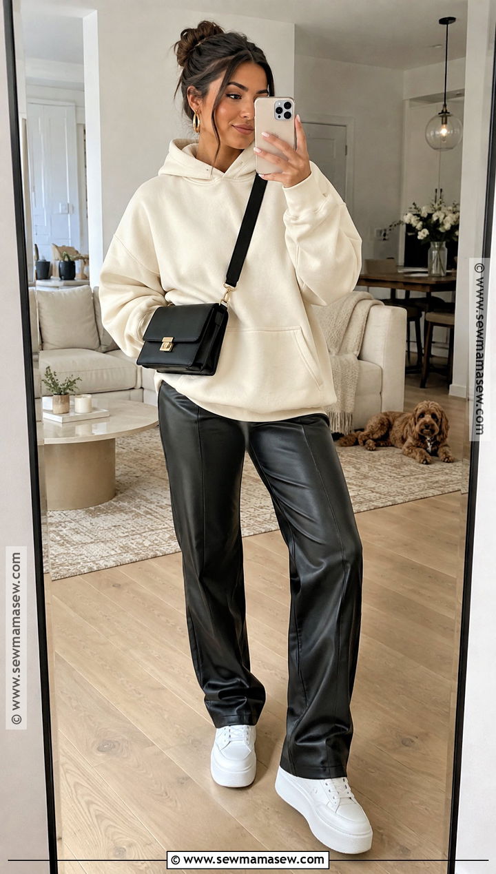 Oversized Hoodie And Leather Pants Thanksgiving Outfit - 25 baddie thanksgiving outfits