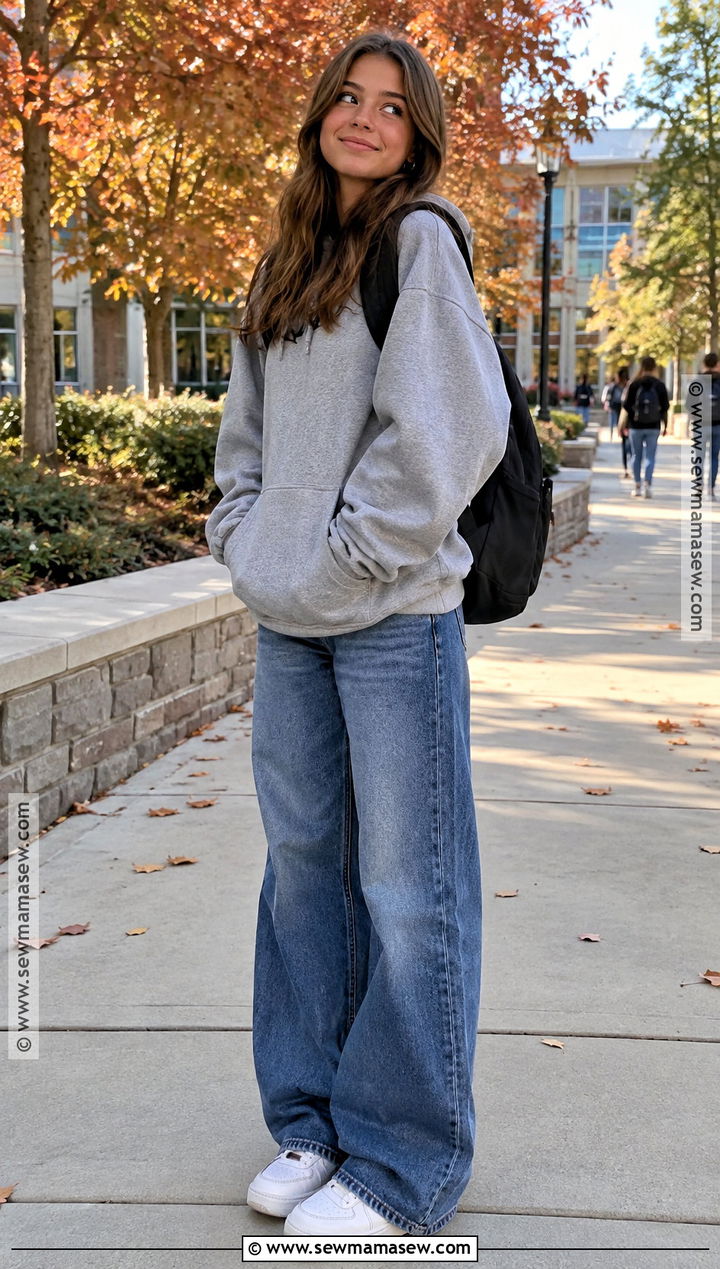 Oversized Hoodie And Wide Leg Jeans Fall Outfit - 15 fall outfit inspo teen ideas for girls