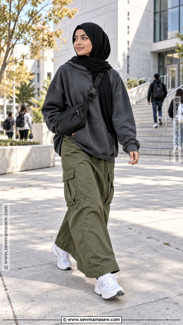 Oversized Hoodie With Cargo Maxi Skirt And Sneakers - 20 Muslim Fall Outfits