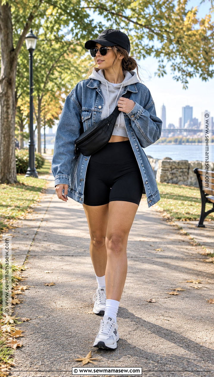 Oversized Jean Jacket With Bike Shorts - 20 oversized jean jacket outfits fall