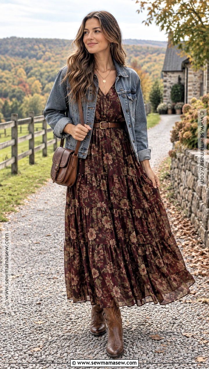 Oversized Jean Jacket With Floral Maxi Dress - 20 oversized jean jacket outfits fall