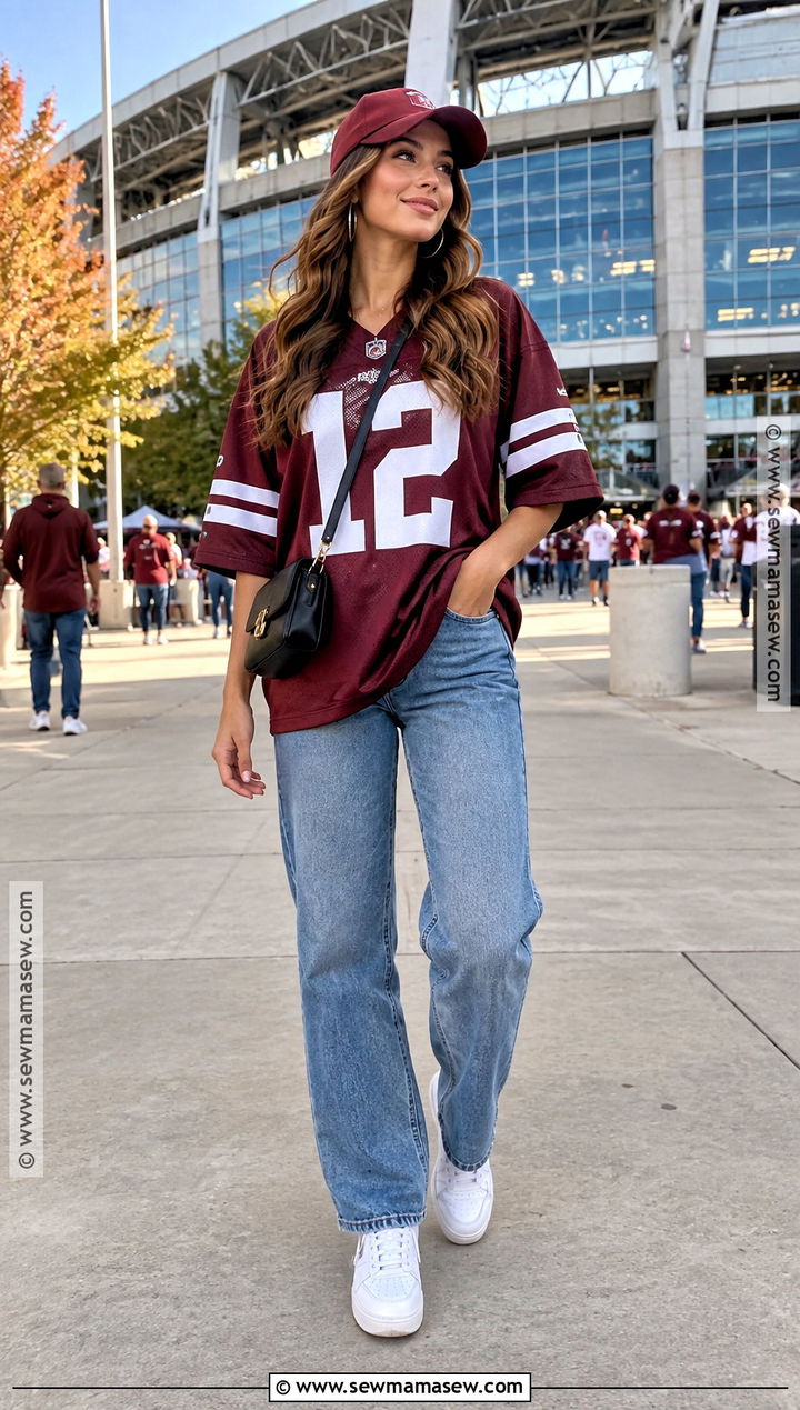 Oversized Jersey And Straight Leg Jeans Football Outfit - 20 cute fall football game outfits