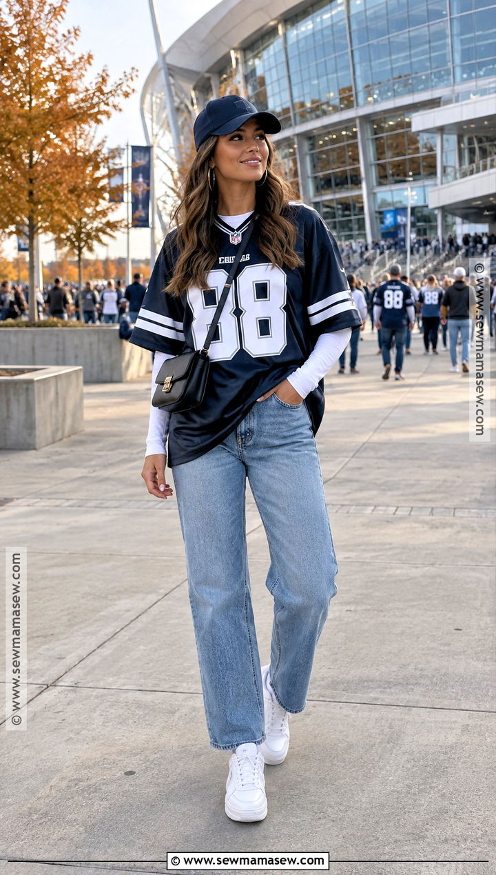 Oversized Jersey and Straight Leg Jeans Gameday Outfit - 20 fall gameday outfit ideas