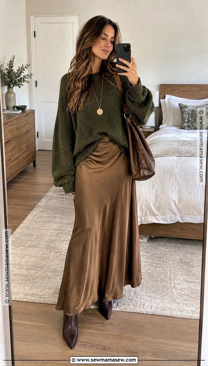 Oversized Knit And Satin Maxi Skirt Fall Boho Outfit - 25 fall boho outfits