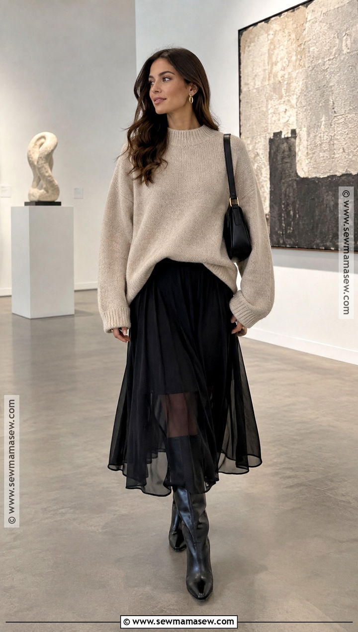 Oversized Knit And Sheer Skirt Fall Outfit - 15 fall outfits trendy 2026
