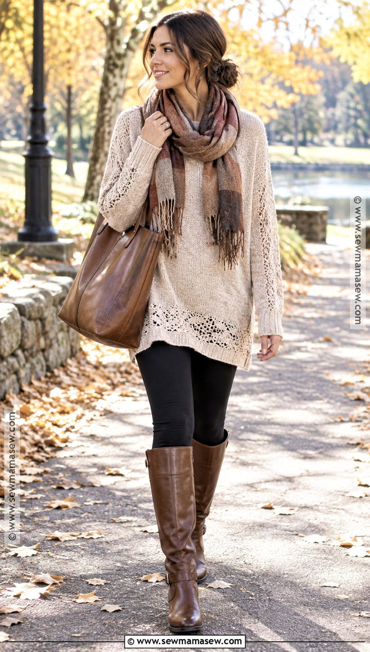 Oversized Lace Sweater With Leggings And Tall Boots - 15 autumn lace sweater ideas