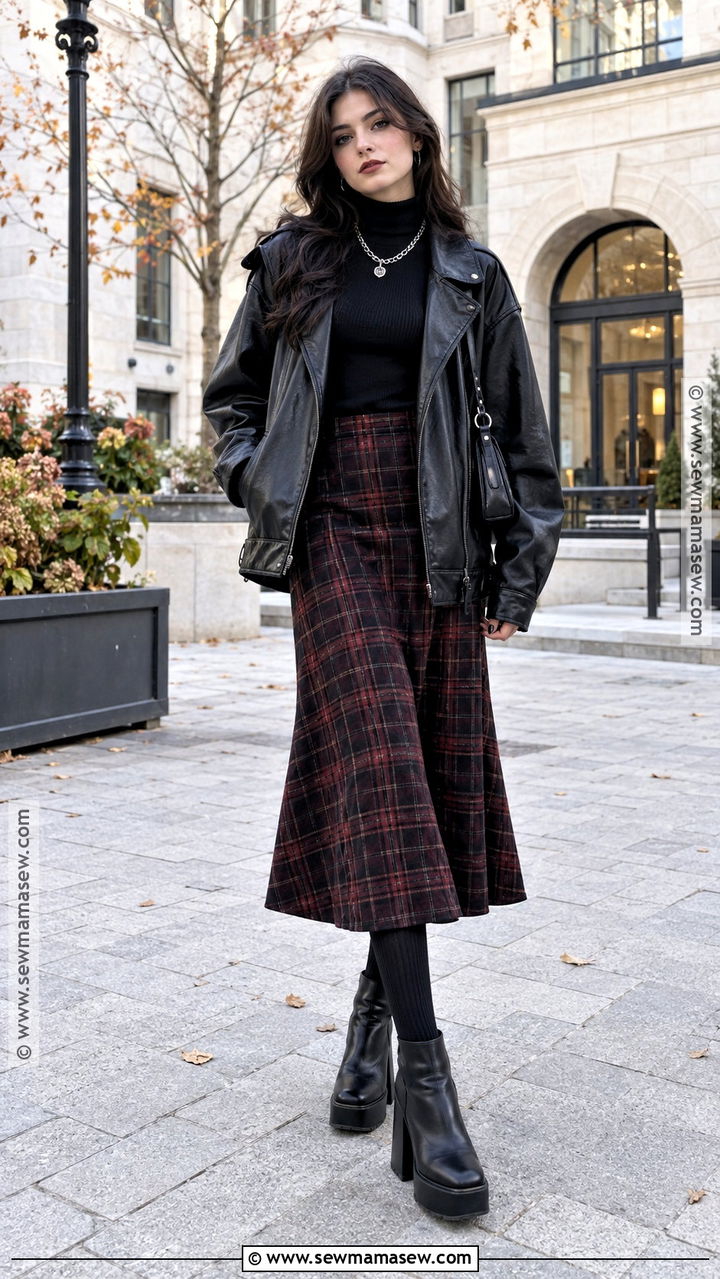 Oversized Leather Jacket And Plaid Skirt - 20 Fall Gothic Outfits