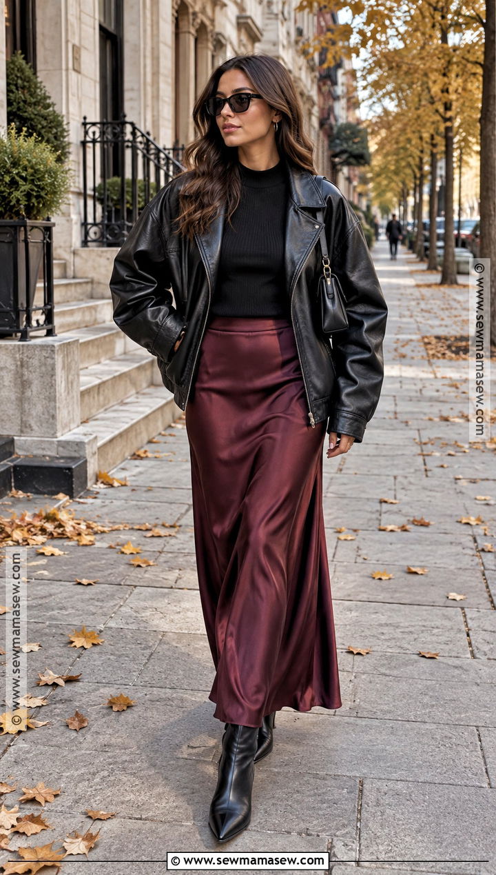 Oversized Leather Jacket With Maxi Skirt - 20 Fall Outfits Oversized
