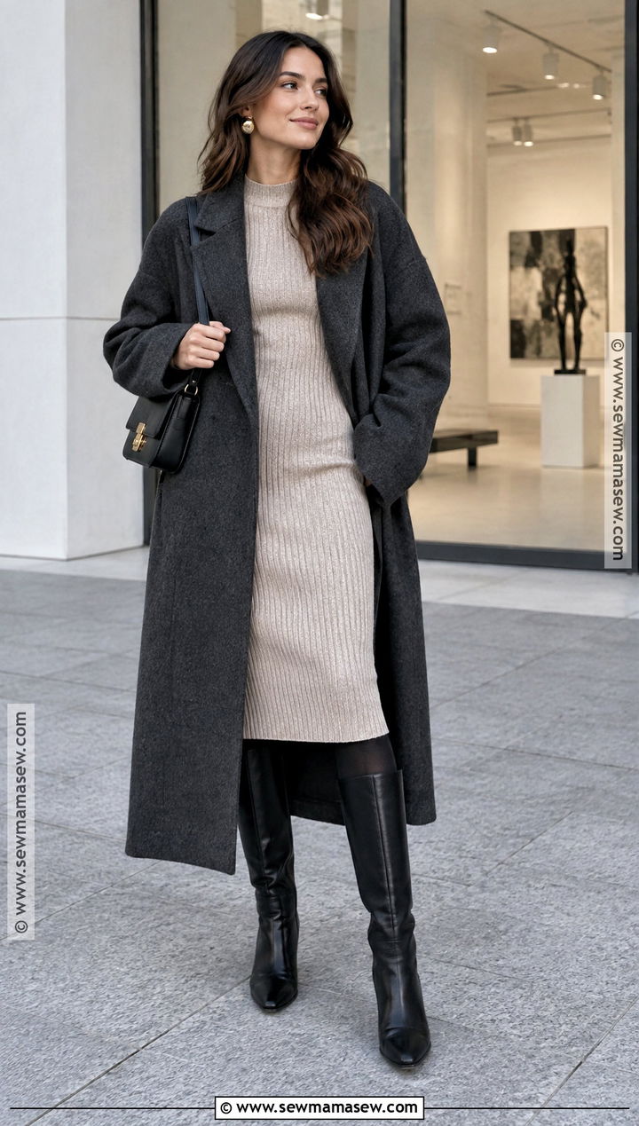 Oversized Long Coat With Sweater Dress And Tall Boots - 20 long fall coat ideas