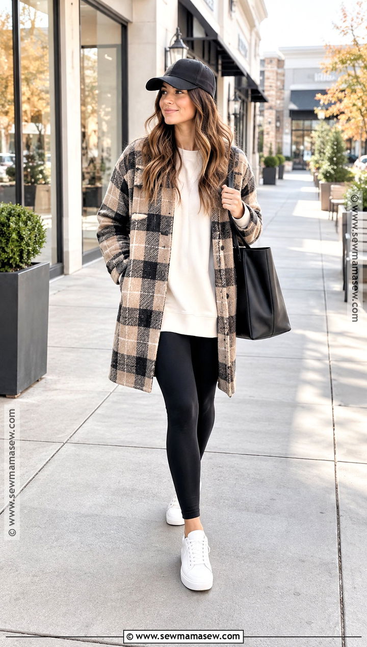 Oversized Plaid Coat With Leggings and Sneakers - 15 plaid fall coat ideas