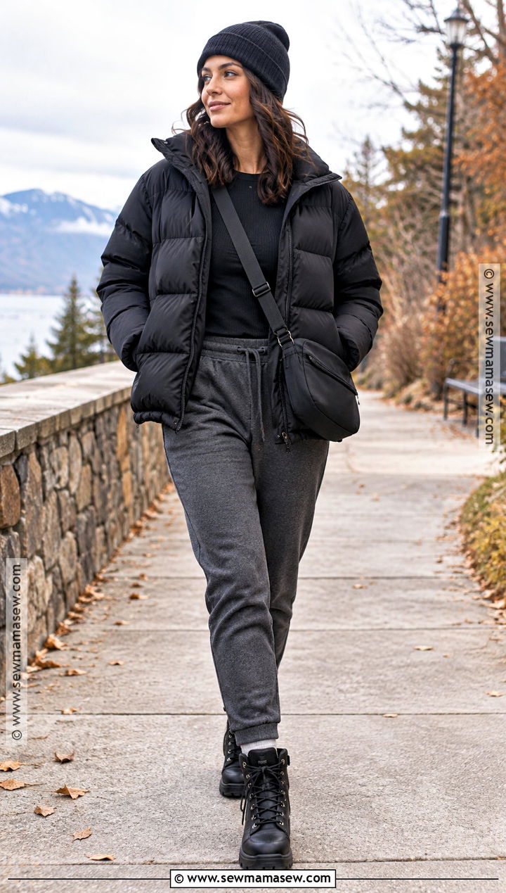 Oversized Puffer Jacket and Joggers Fall Outfit - 20 oversized fall outfits