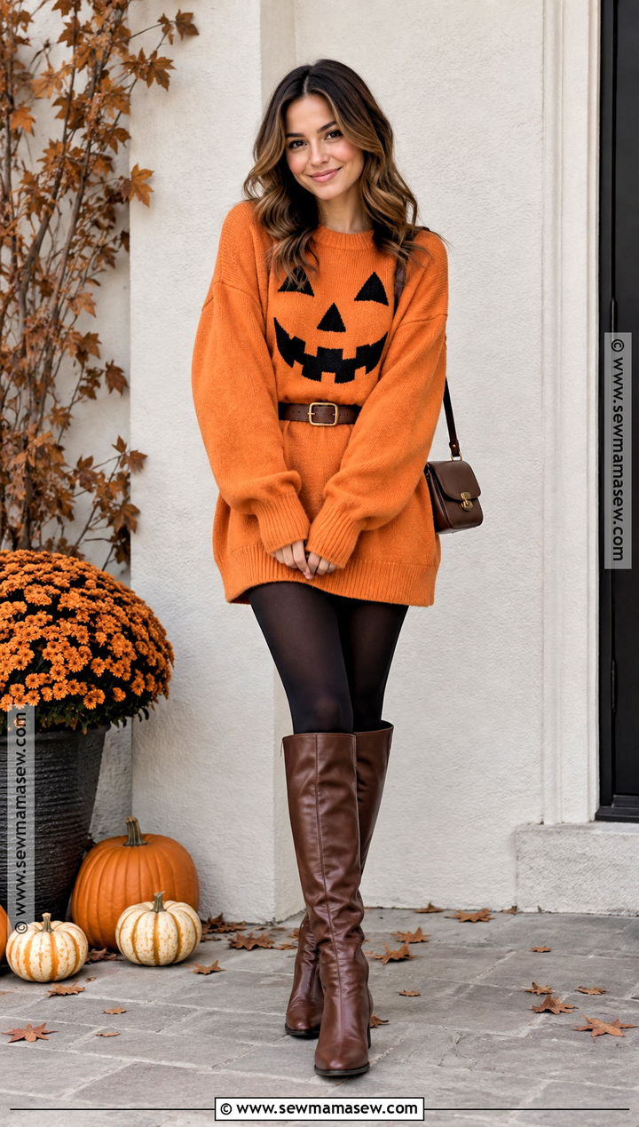 Oversized Pumpkin Sweater Dress With Boots - 20 Pumpkin Sweater Outfits