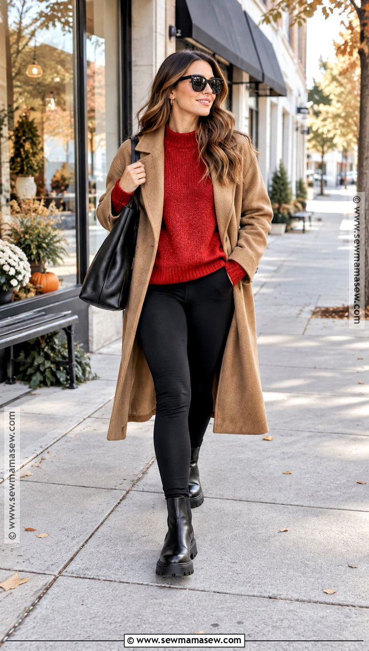 Oversized Red Sweater With Black Leggings - 15 cozy red sweater fall style ideas