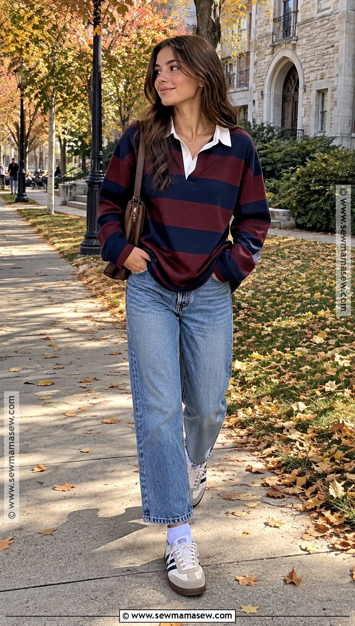 Oversized Rugby Shirt With Relaxed Jeans - 20 Fall Outfits Oversized