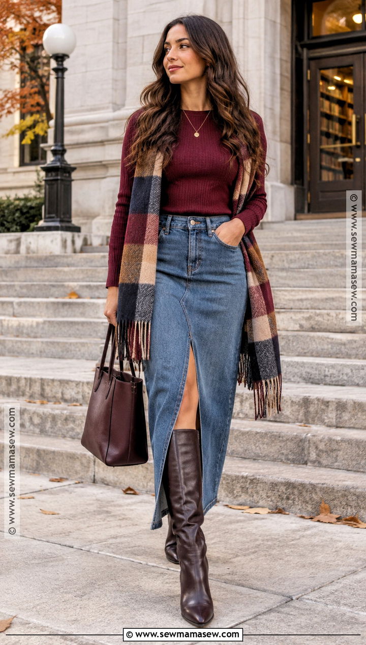 Oversized Scarf And Denim Skirt Outfit - 25 funky fall fashion ideas