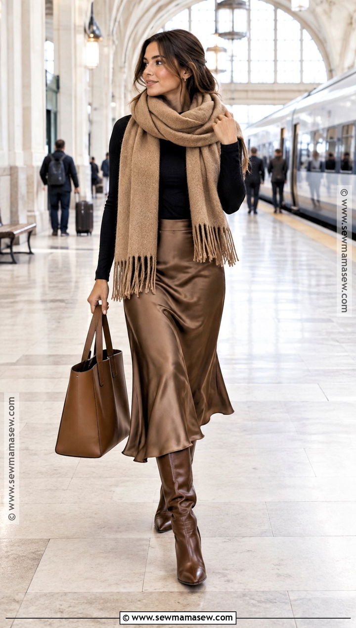 Oversized Scarf And Silk Skirt Fall Outfit - 15 Fall 2026 Fashion Inspiration Ideas