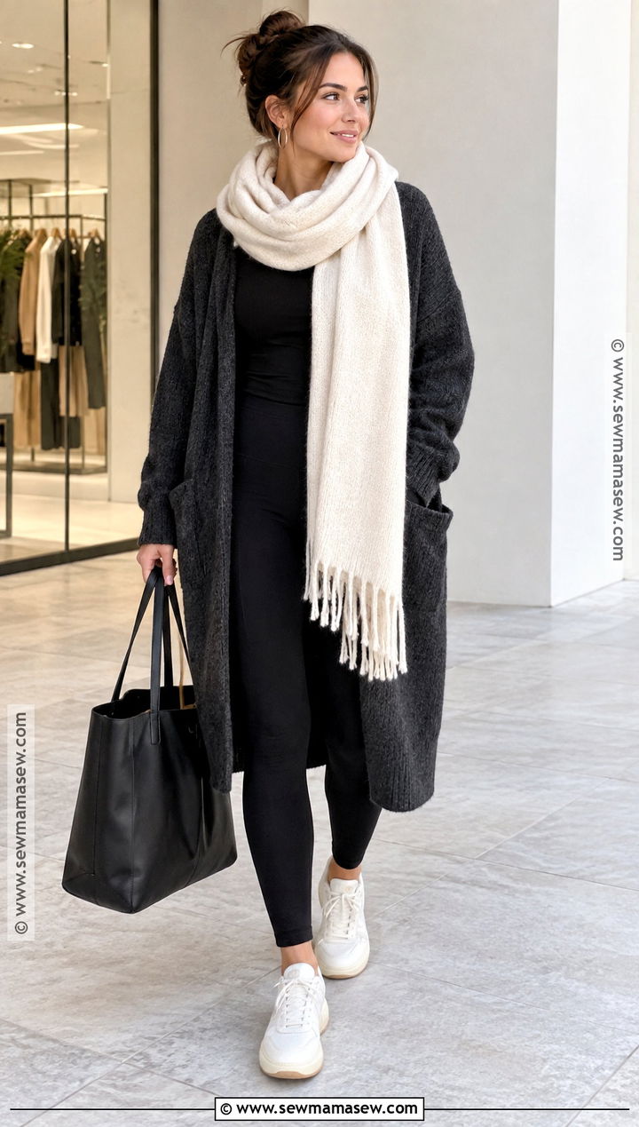 Oversized Scarf With Cardigan And Leggings - 15 Fall Outfit Ideas With Scarves