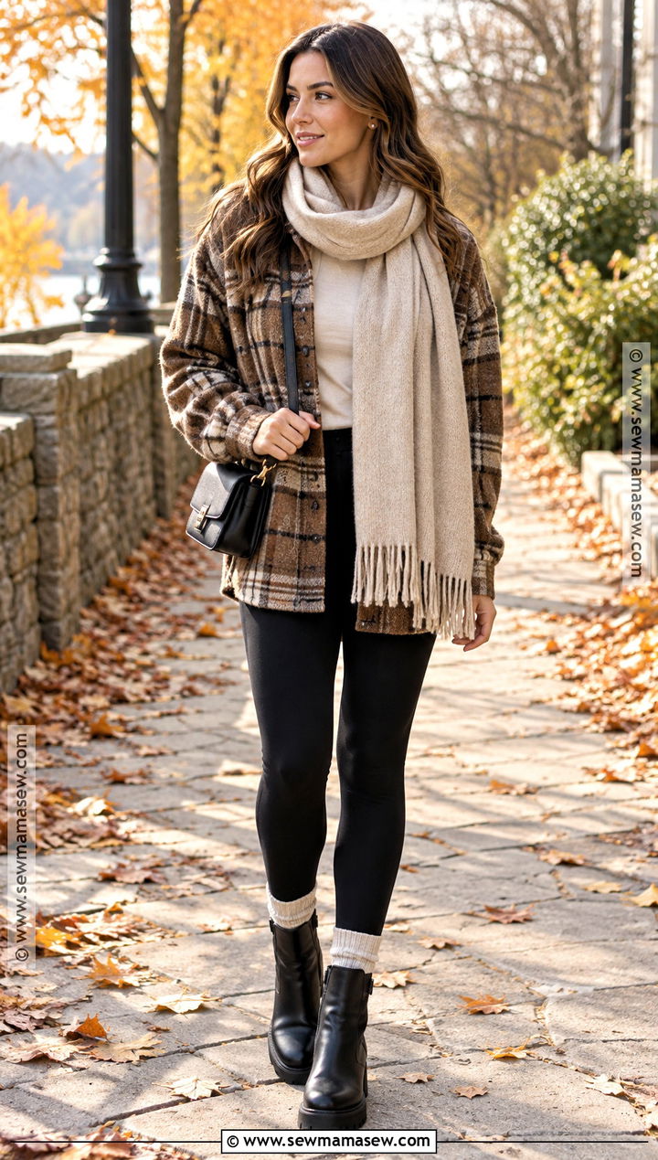 Oversized Scarf With Shacket and Leggings - 20 Fall Outfits Scarf