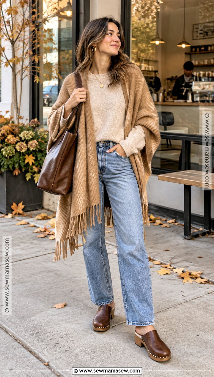 Oversized Shawl With Straight Jeans And Clogs - 20 shawl outfit fall ideas