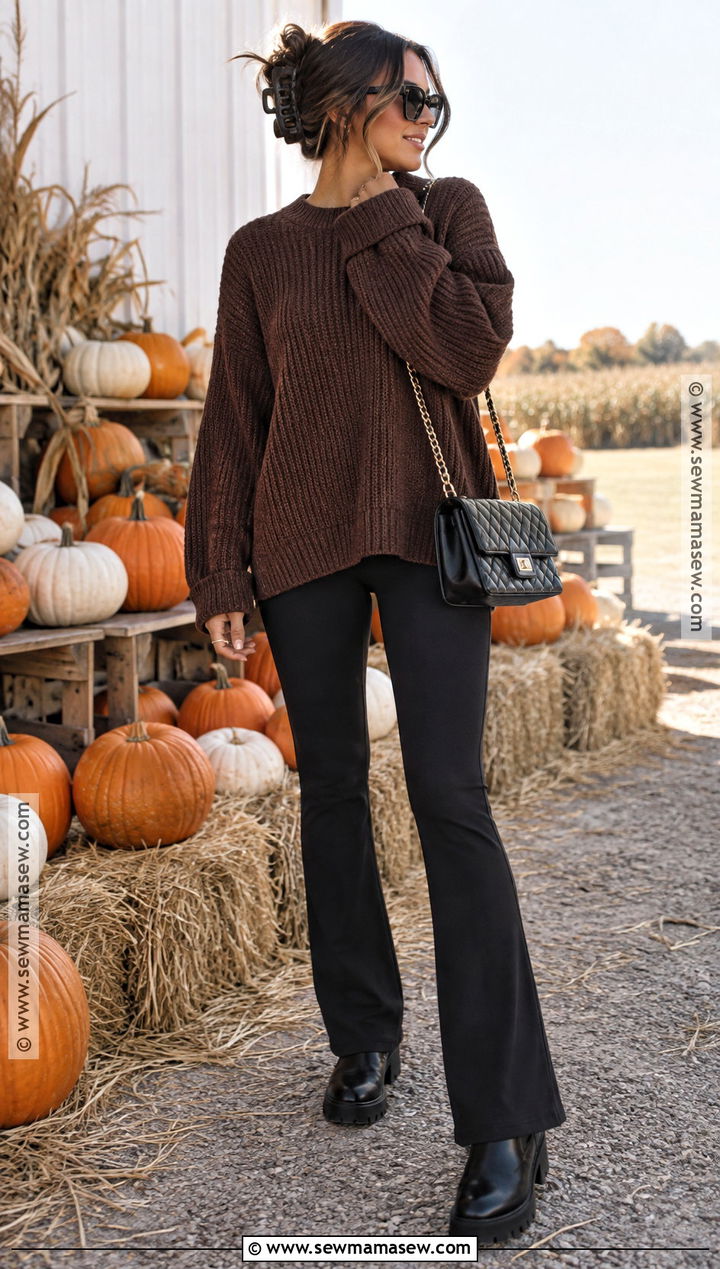 Oversized Sweater And Flared Leggings Pumpkin Patch Outfit - 20 Pumpkin Patch Outfit Women Fall Ideas