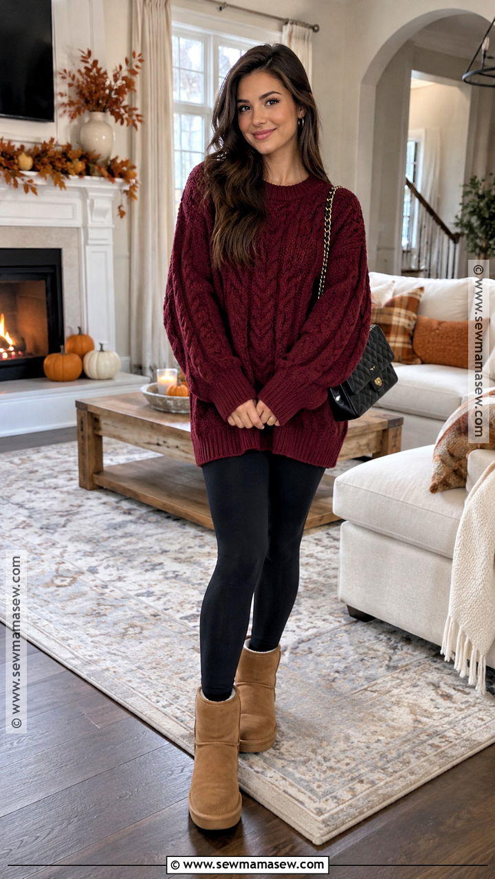 Oversized Sweater And Leggings With Classic Uggs - 20 Thanksgiving Outfit With Uggs Ideas