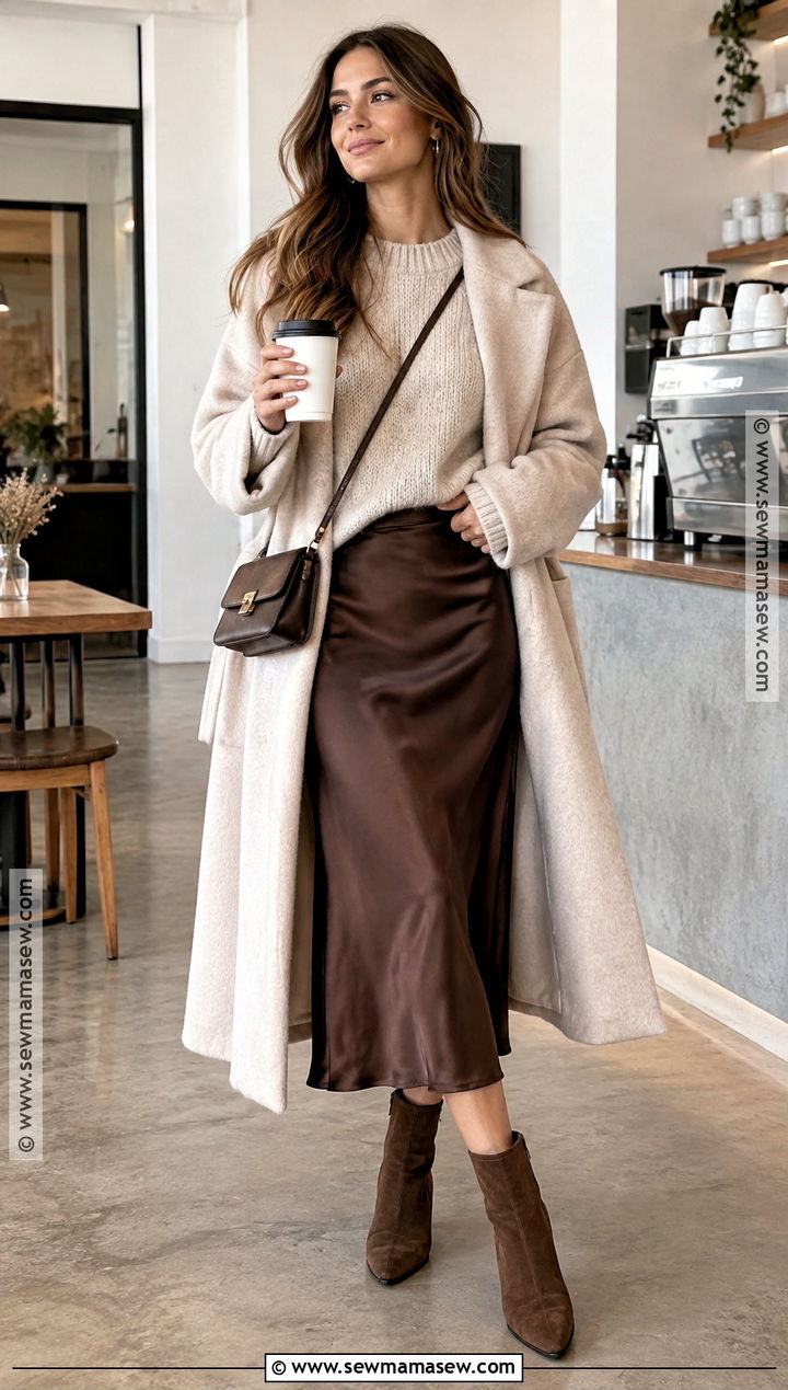 Oversized Sweater And Satin Midi Skirt Coffee Date Outfit - 15 coffe date autumn outfit ideas