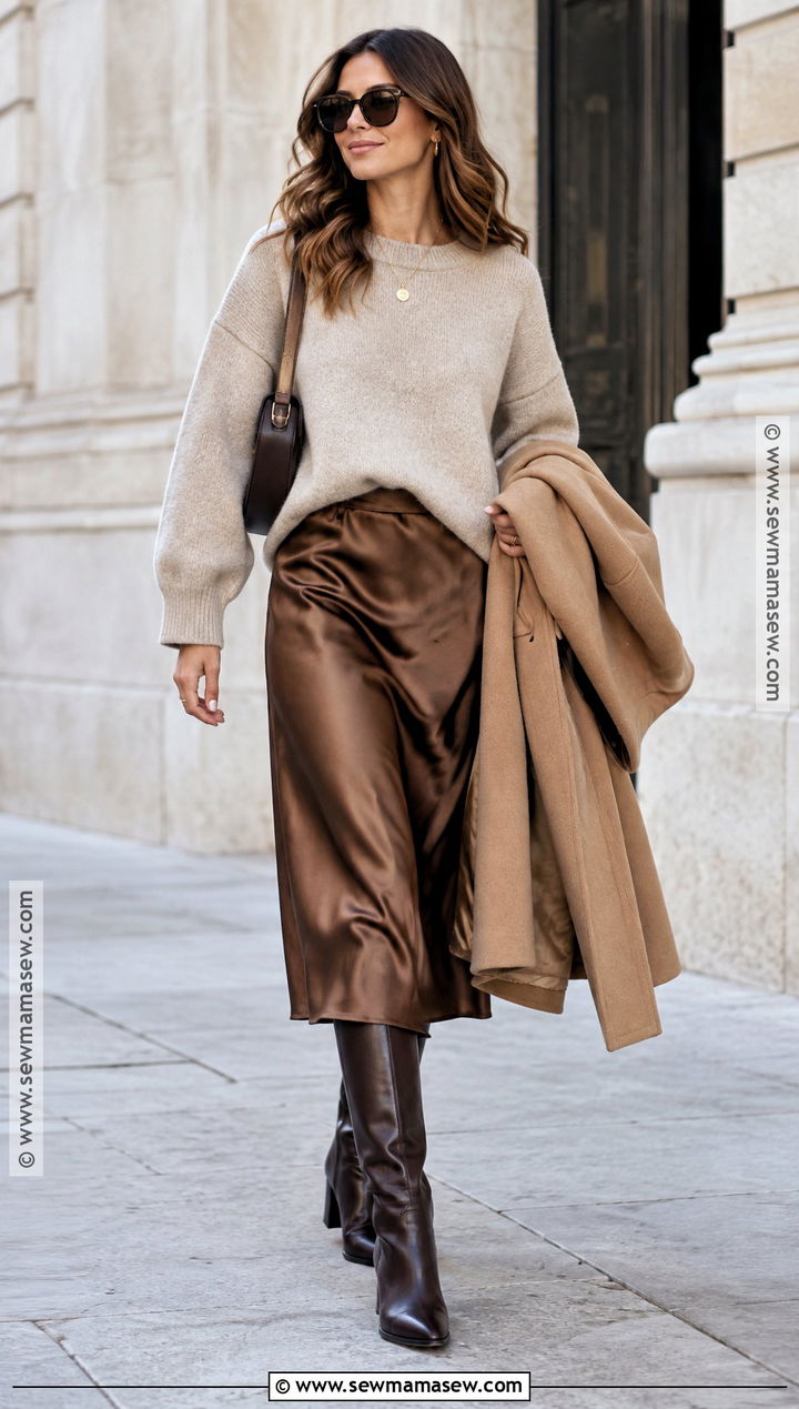 Oversized Sweater And Satin Skirt Outfit - 15 October Style Challenge Ideas