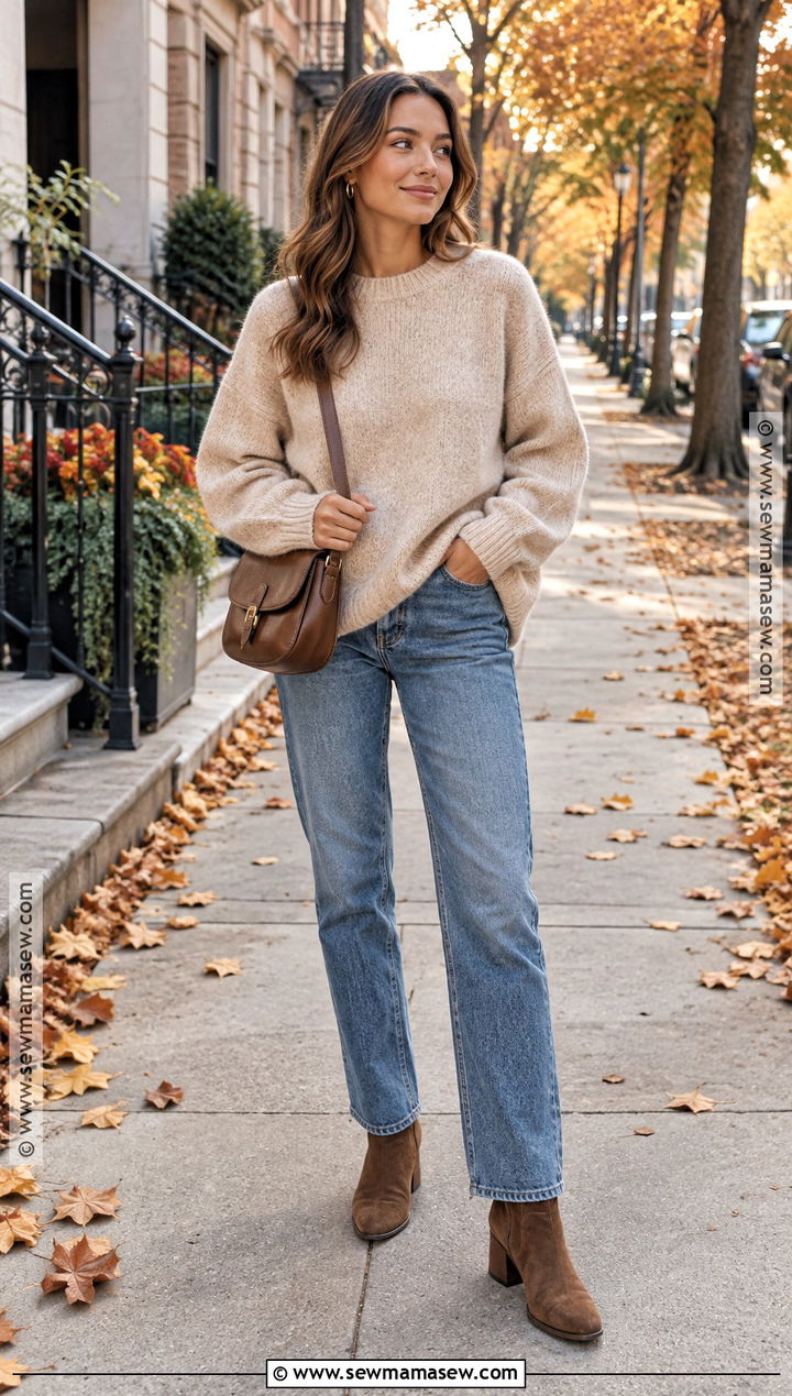 Oversized Sweater And Straight Leg Jeans Autumn Outfit - 20 comfy autumn outfits casual