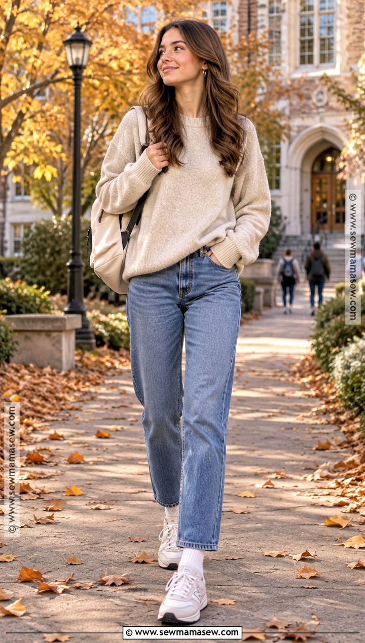 Oversized Sweater And Straight Leg Jeans College Outfit - 25 autumn college outfits