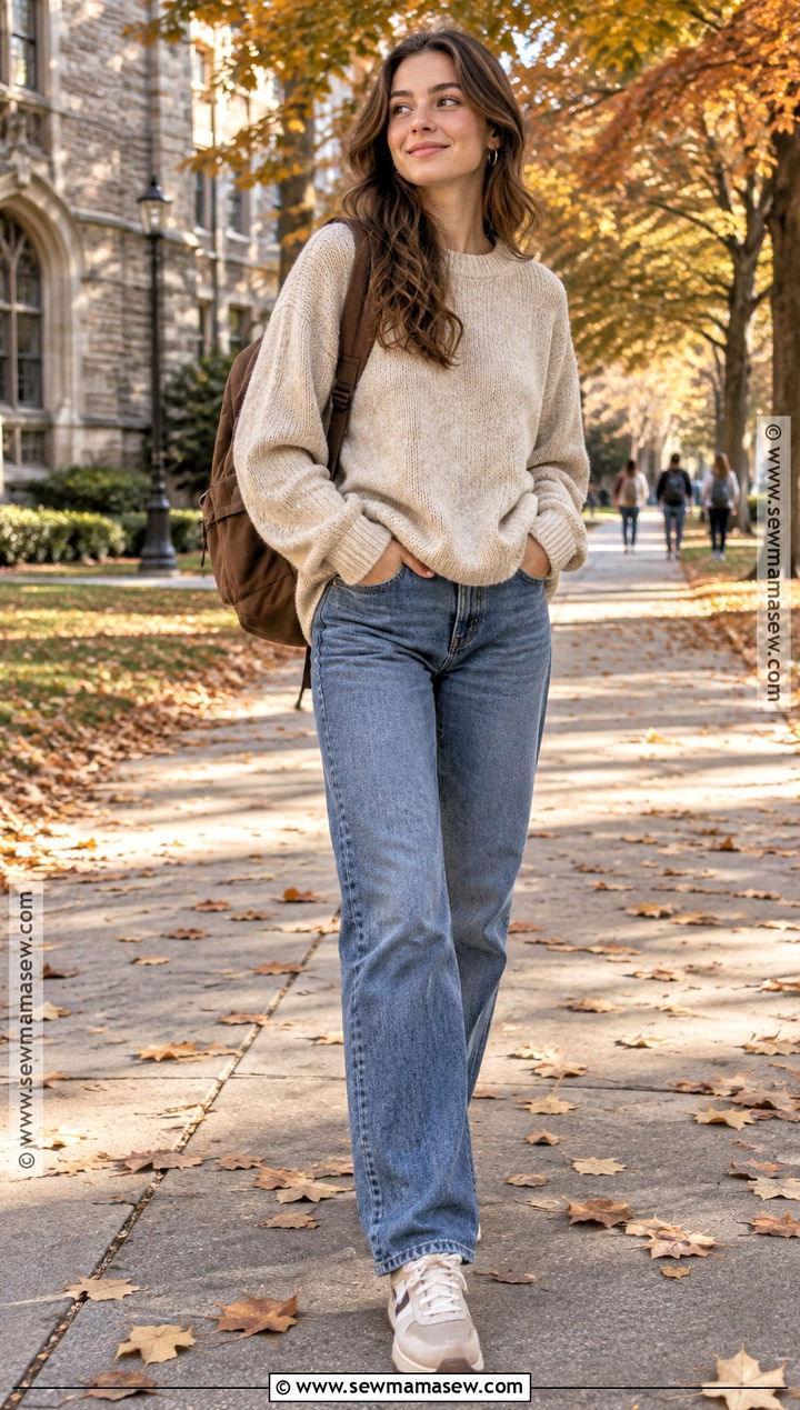 Oversized Sweater And Straight Leg Jeans College Outfit - 20 Autumn Outfits For College