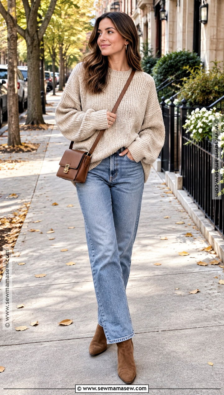 Oversized Sweater And Straight Leg Jeans Fall Outfit - 25 chill fall outfits