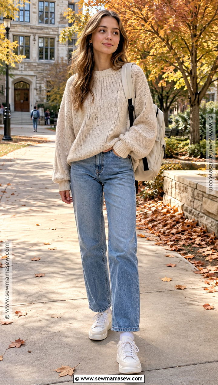 Oversized Sweater And Straight Leg Jeans Fall School Outfit - 15 cute fall school fits