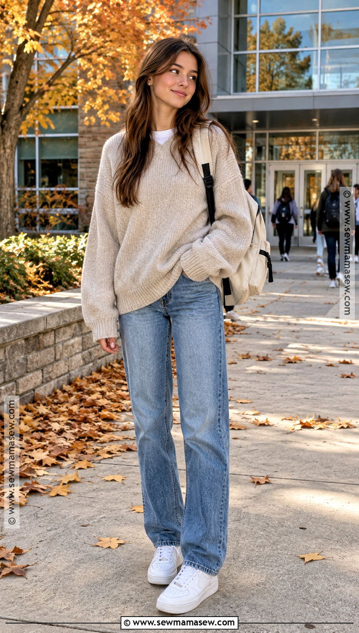 Oversized Sweater And Straight Leg Jeans Fall School Outfit - 15 Fall School Outfits Highschool Casual