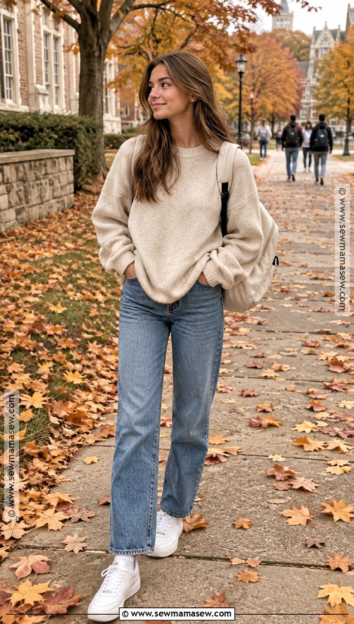 Oversized Sweater And Straight Leg Jeans Fall School Outfit - 15 simple fall school outfits