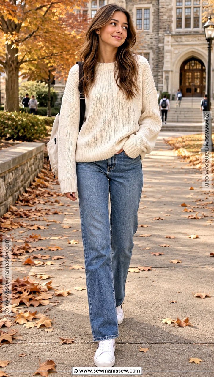 Oversized Sweater And Straight Leg Jeans Fall School Outfit - 25 fall outfit inspo for school ideas