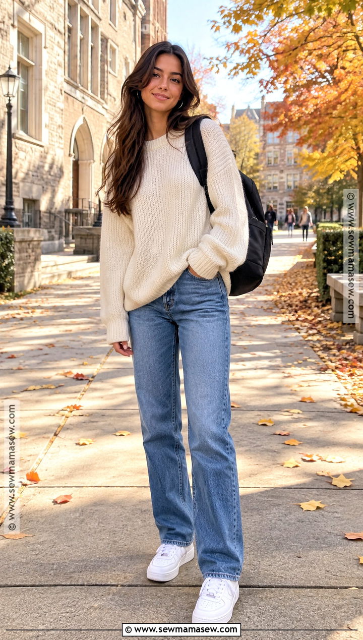 Oversized Sweater And Straight Leg Jeans Fall School Outfit - 15 cute fall back to school outfits