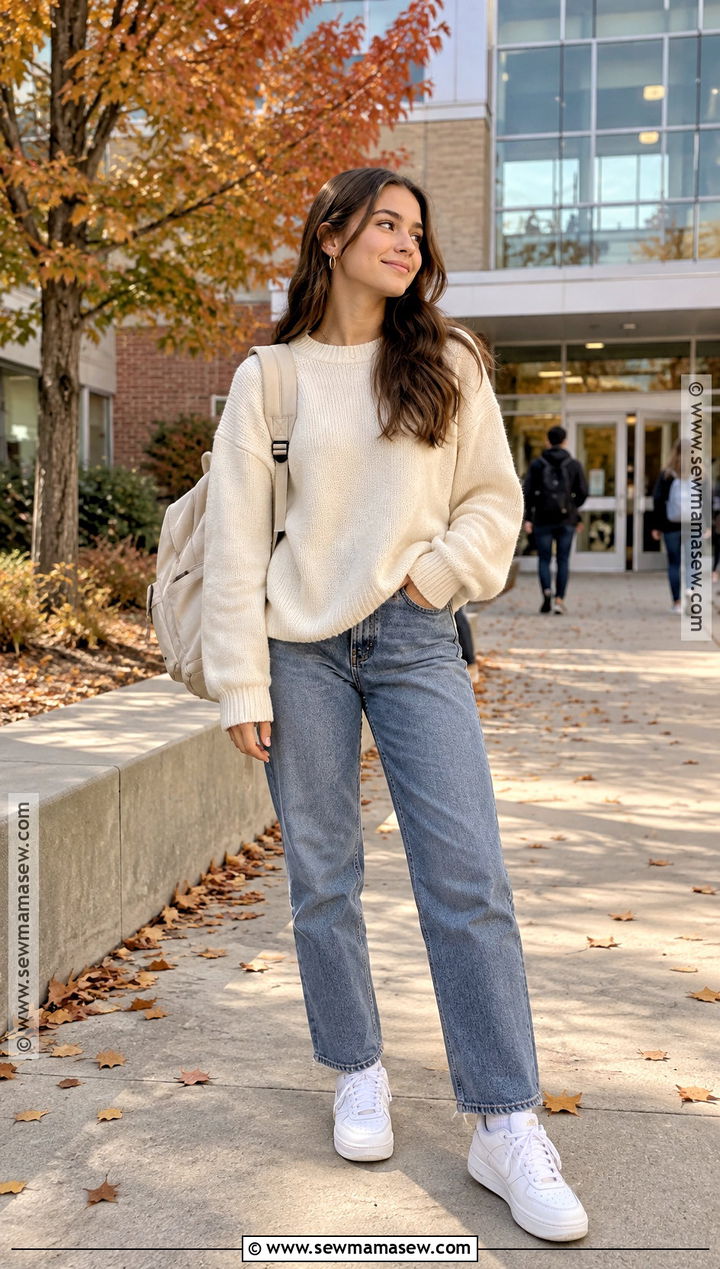 Oversized Sweater And Straight Leg Jeans School Outfit - 15 cute simple outfits for school fall
