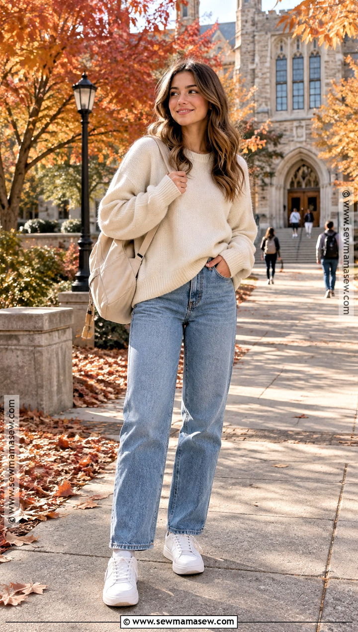 Oversized Sweater And Straight Leg Jeans School Outfit - 25 autumn outfits for school