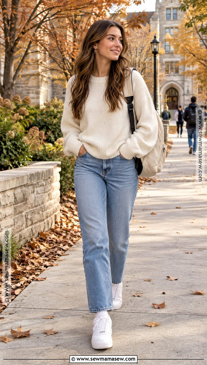 Oversized Sweater And Straight Leg Jeans School Outfit - 15 casual school fall outfits