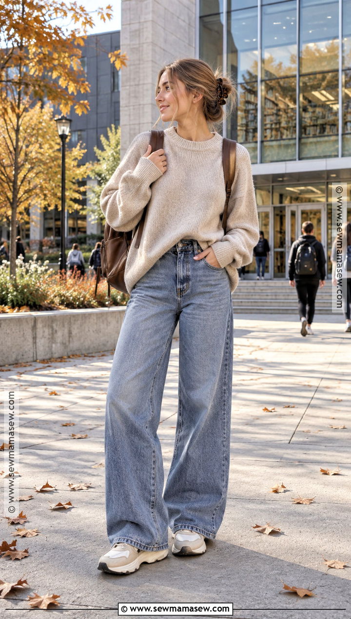 Oversized Sweater And Wide Leg Jeans College Outfit - 20 autumn outfits college