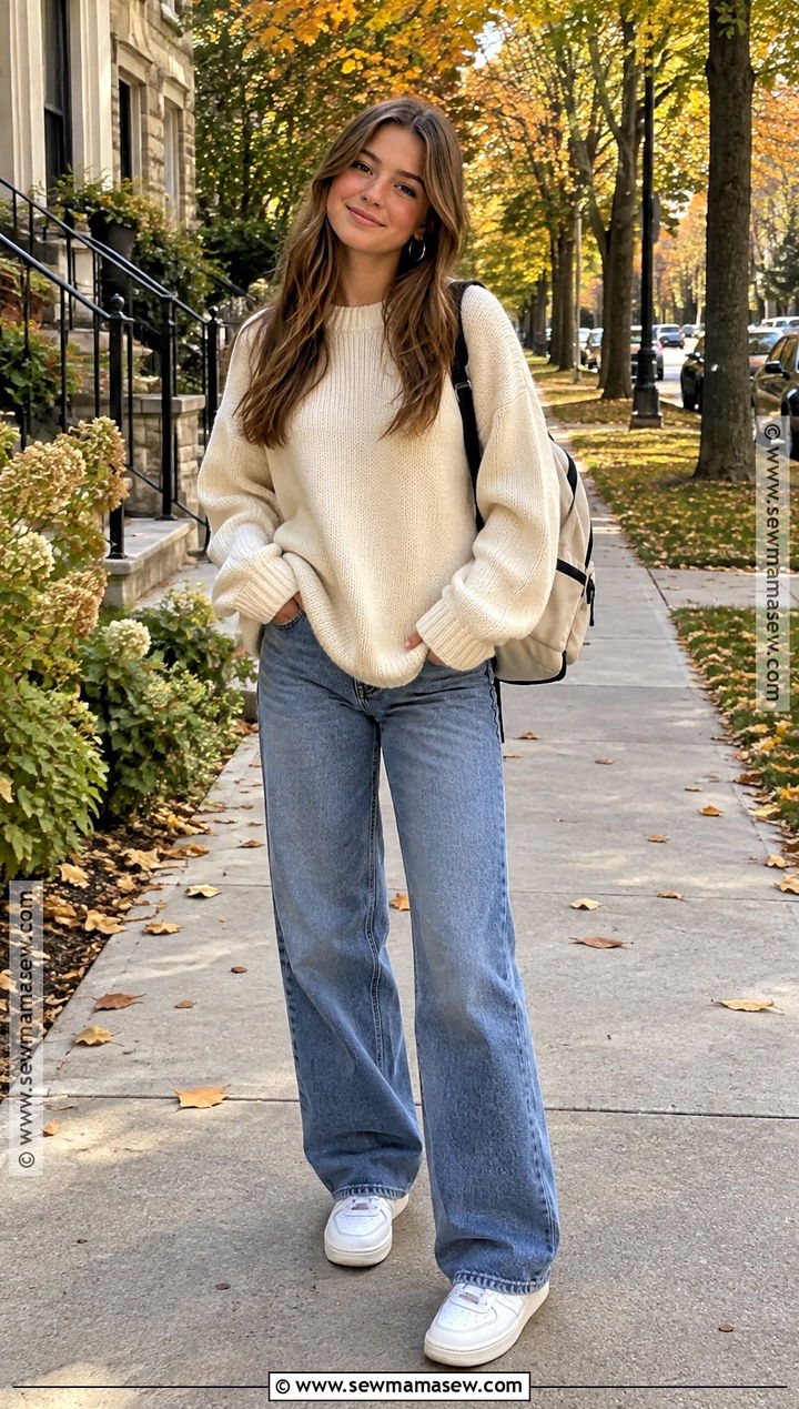 Oversized Sweater And Wide Leg Jeans Fall Outfit - 15 cute fall outfits teenage for girls