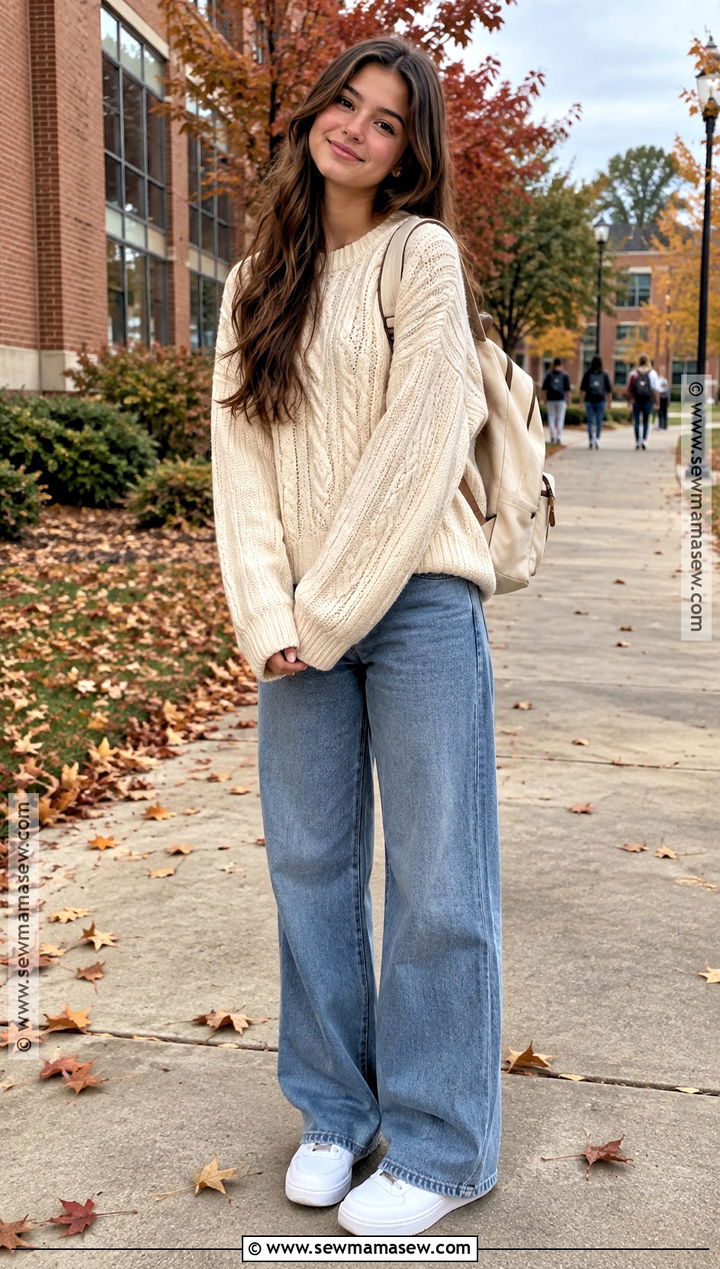 Oversized Sweater And Wide Leg Jeans Fall Outfit - 20 Teen Girl Fall Outfits