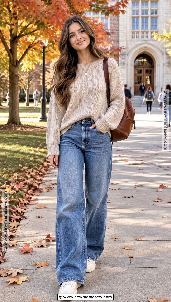 Oversized Sweater And Wide Leg Jeans Fall School Outfit - 15 fall lazy outfits for school
